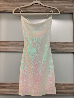 B Darlin Iridescent Sequin Mini Dress - White/Pink Shimmer
